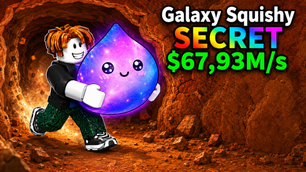 Roblox avatar carrying a Secret Galaxy Squishy through a block cave in Drill Blocks for Dumpling Squishy