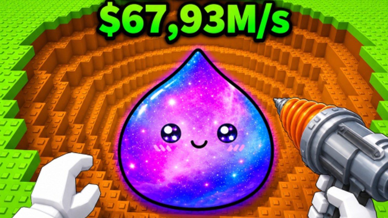 First-person drill aimed at a Secret Galaxy Squishy sitting in a square mine pit
